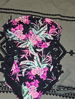 Ambrielle Black One-Piece Swimsuit with Pink & Mint Tropical Print